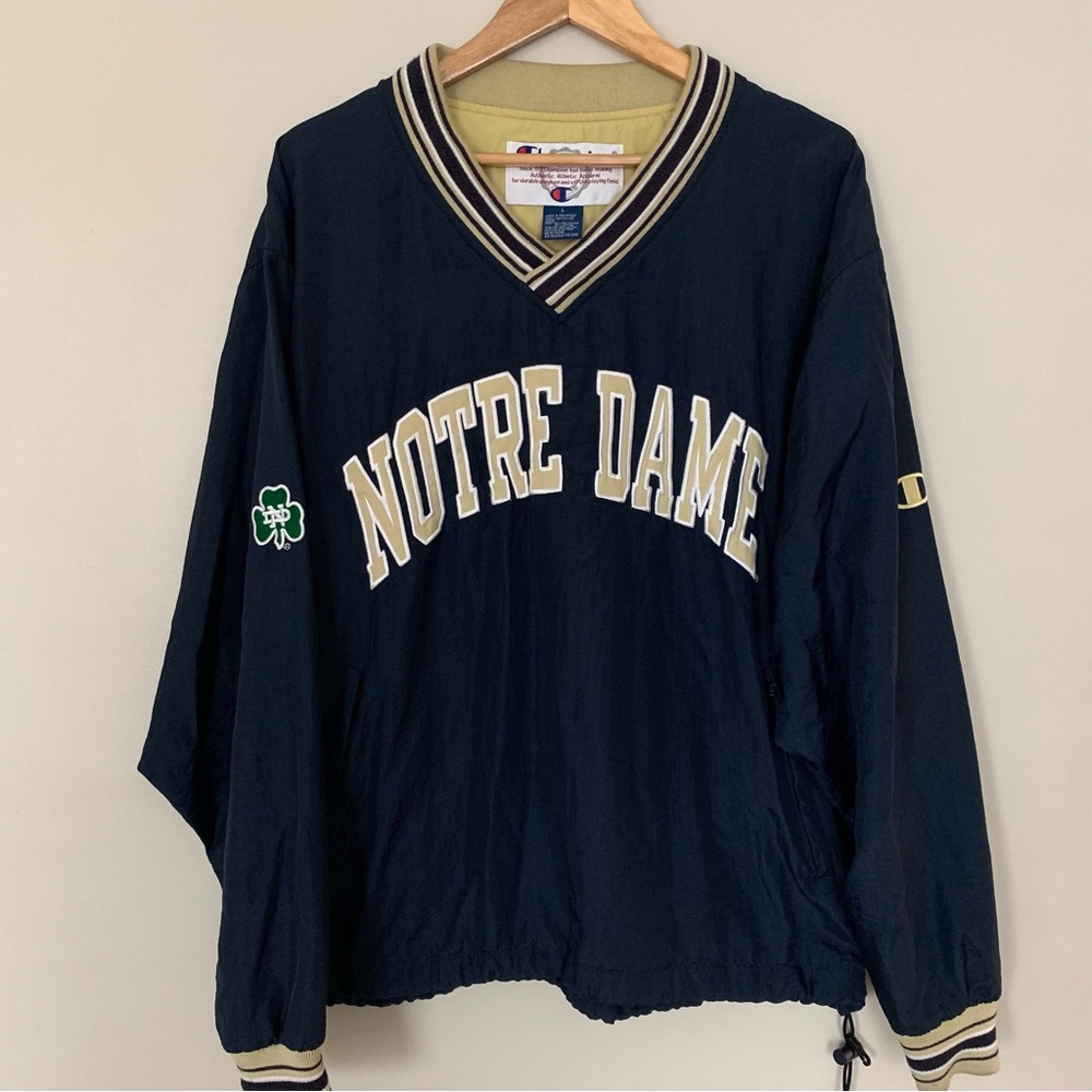Vintage 90s Champion Notre Dame Lined Windbreaker Blue Clover On Sleeve Large